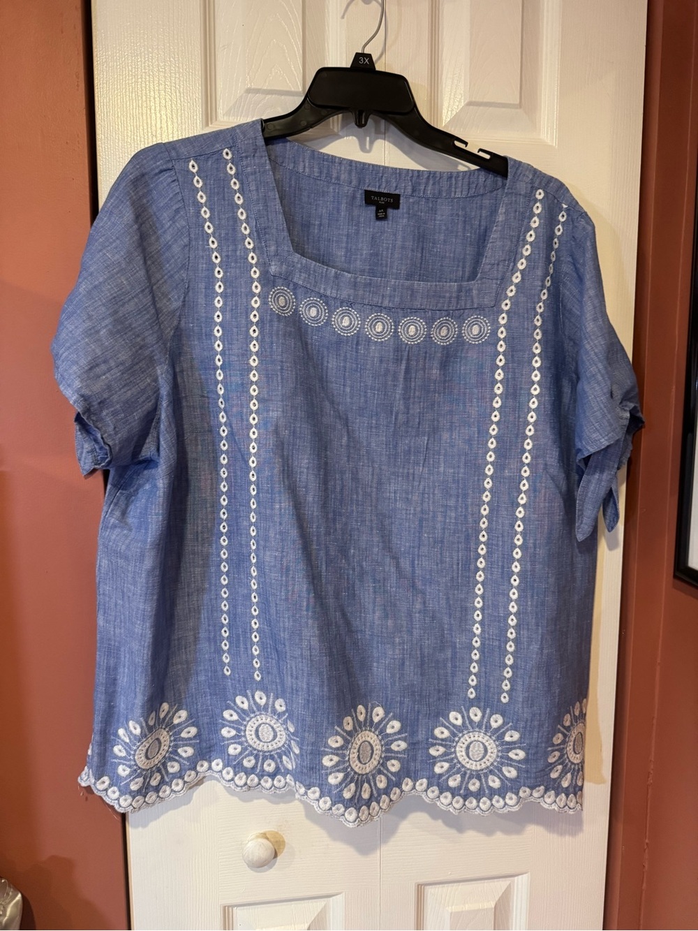 Talbots Blue Embroidery-Trim Chambray Square Neck Top